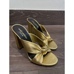 Saint Laurent "BIANCA 100mm" Gold Leather Open Toe Slip On Mule Sandals, Size 40